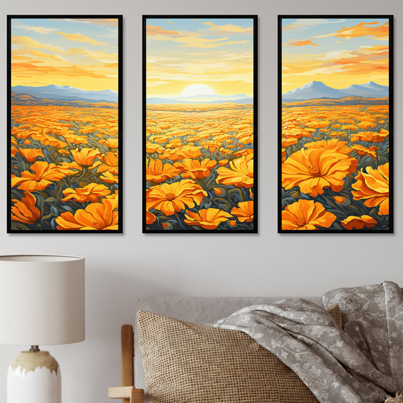 Radiant Sunshine Marigold Flowers III - ensemble d'art mural champ de fleurs, Cadre flottant noir, H 32 po x l 48 po x P 1 po