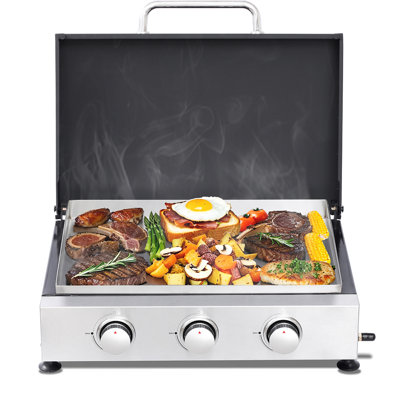 Barbecue au propane à 3 brûleurs et plancha en acier inoxydable, portable pour le camping et la cour, avec régulateur et adaptateur, grilles en fonte, corps en émail