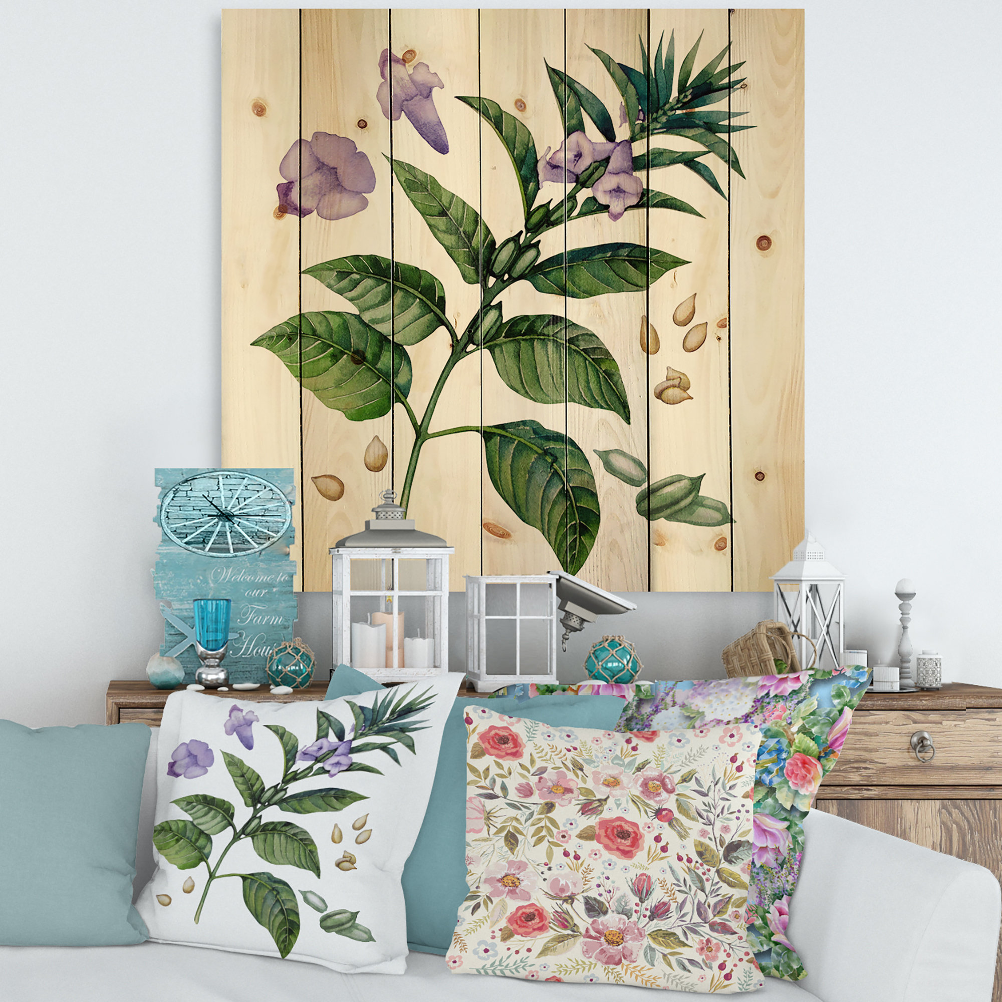 Purple Sesame Flowers with Green Leaves - Traditional Print on Natural Pine Wood East Urban Home Size: 35 H x 35 W x 0.78 D