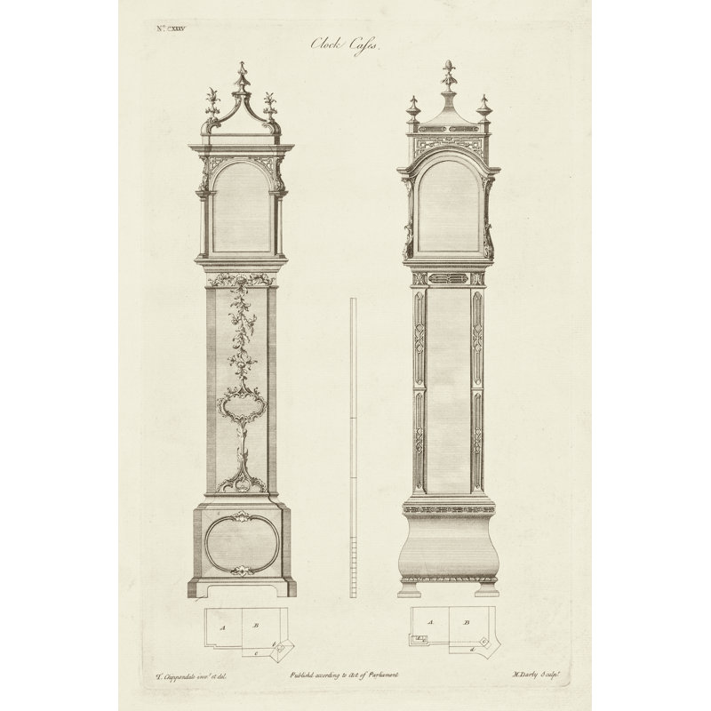 Chippendale Clock Cases I by Thomas Chippendale - Drawing, 30 cm H x 20 cm W, Black Floater Frame