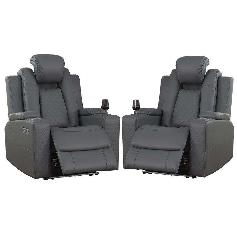 Tiertza Power Leather Recliner W/ Cup Holder, LED Lights, USB Port, Gray