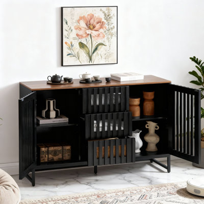 Buffet vertical à lattes verticales, crédence de rangement avec 2 portes et 3 tiroirs, plateau en bois rustique et pieds en métal, armoire pour la salle à manger, le vestibule et le salon