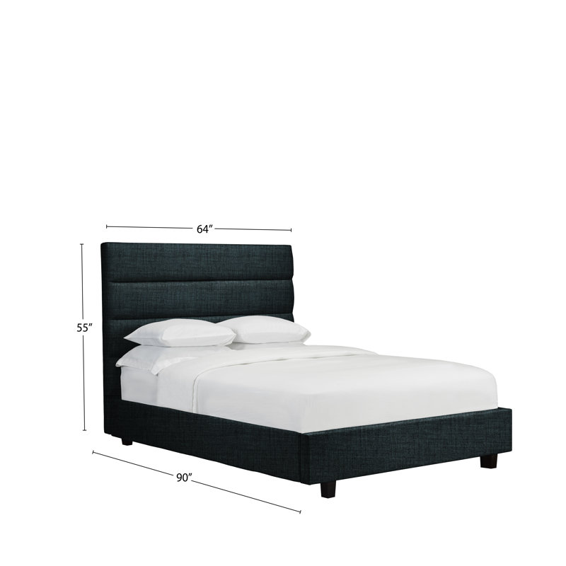 Lit plateforme tapissier capitonné Straughter, Grand, Lin - denim