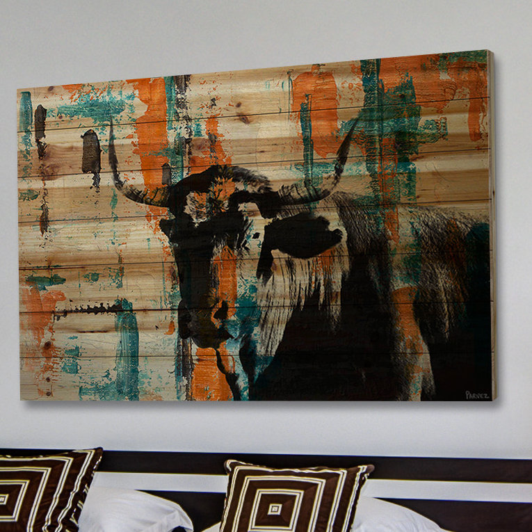 «Orange Teal Steer» par Parvez Taj, reproduction d'art sur bois, H 40 po x l 60 po x P 1,5 po