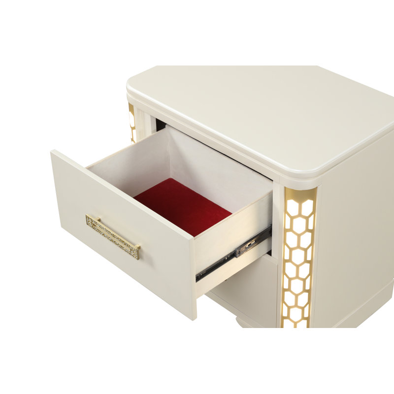 Jasmine 2 Drawer Beige Nightstand with LED Lighting