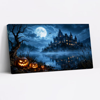 Impression sur toile, "Château gothique et citrouilles lumineuses sous Halloween"