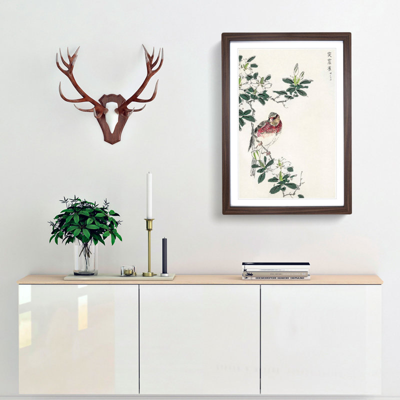 Japanese Long-Tailed Rosefinch by Numata Kashu - Framed Print, Walnut Framed, 48cm H x 36cm W x 2cm D