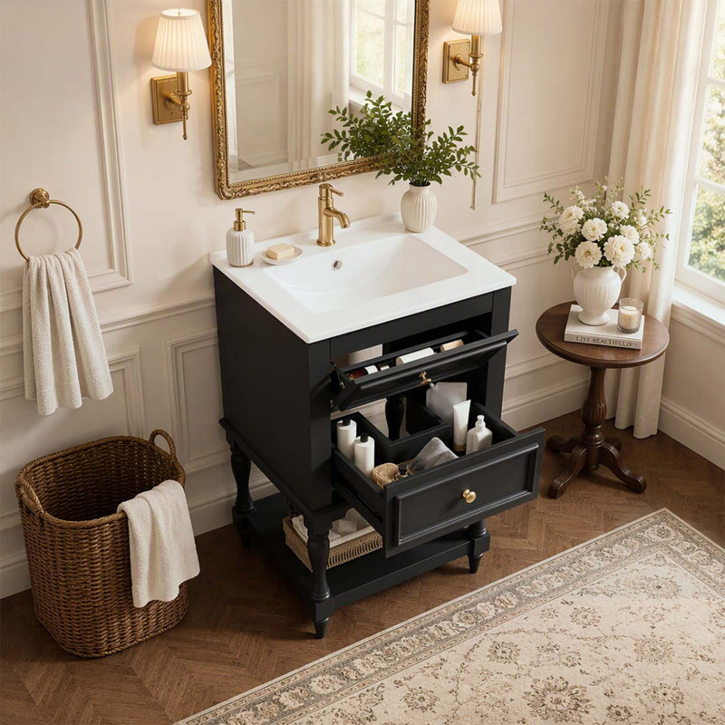 Retro Design Bathroom Vanity with Ceramic Sink, 2 Drawers, and Open Shelf for Elegant Storage and Modern Functionality