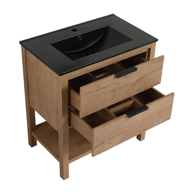 Ensemble de meuble-lavabo simple 30 po Rasharn, Imitation chêne / noir, Noir