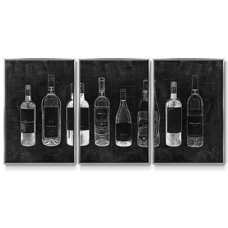 "Wine Cellar", peinture sur toile 3 pièces, H 36 po x l 75 po, Encadrement argenté