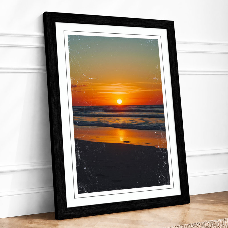 Sunset Over Water Coastal - Framed Print, A2 - 59.4 x 42.0 cm, Black