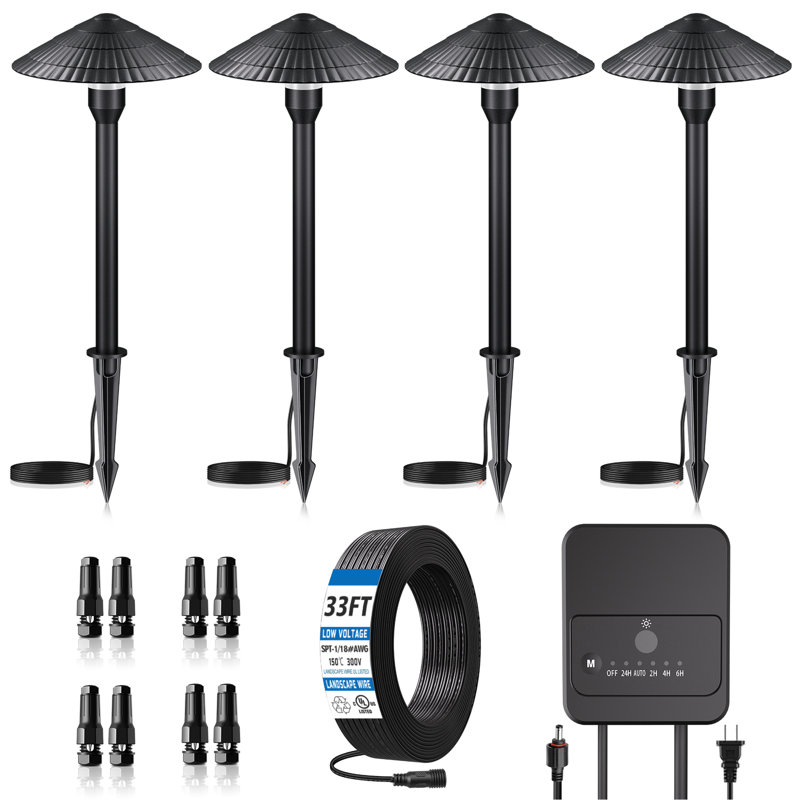 Low Voltage Metal Landscape Lighting Kit with Photocell Transformer, 3000K Warm White, IP66 Waterproof, Timer Modes, 5W LED Path Lights