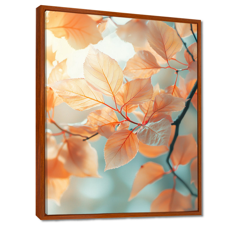 «Sun-Kissed Leaves I» - art mural feuilles, H 44 po x l 34 po, Reproduction avec cadre flottant, Brun
