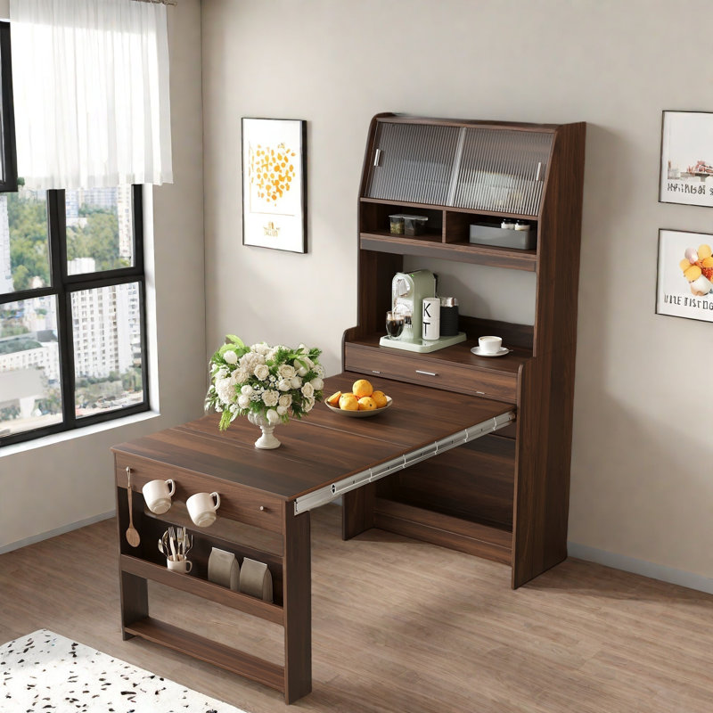 Buffet avec huche et table de salle à manger pliable, tablettes de rangement, crochets latéraux et armoire avec portes coulissantes