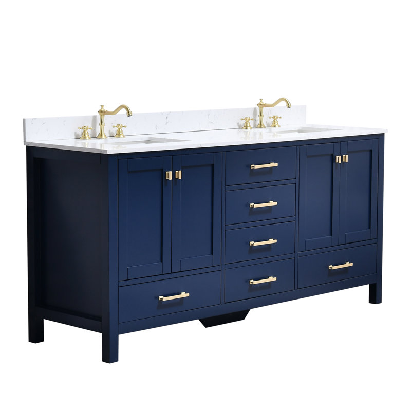 72 po Meuble-lavabo autoportant à double cuve avec plateau technique, Bleu, Or brossé