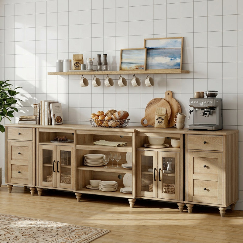 Buffet Scarlett avec 4 portes en verre, tablettes et tiroirs, Chêne / chêne