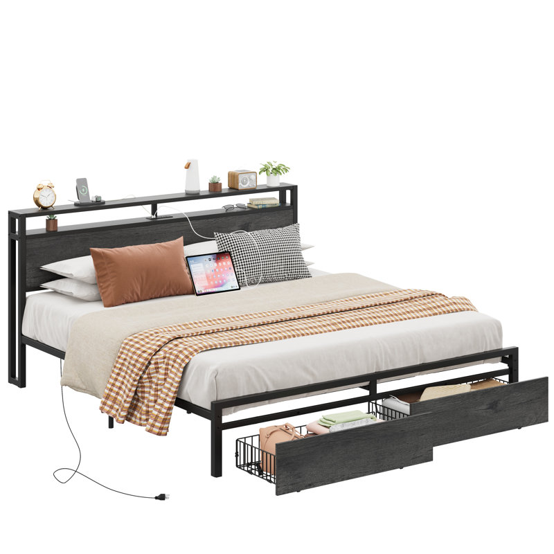 Structure de lit avec tête de lit et rangement, gris anthracite, Gris, Grand lit