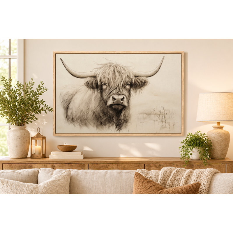 Highland Cow Sepia Charcoal Sketch Framed Wall Art, 60.96cm H x 91.44cm W