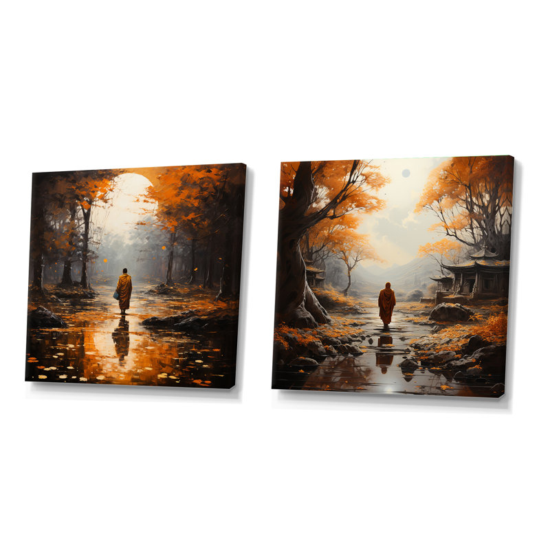 Ensemble de 2 collages de bouddhisme carrés, Toile tendue, H 36 po x l 73 po