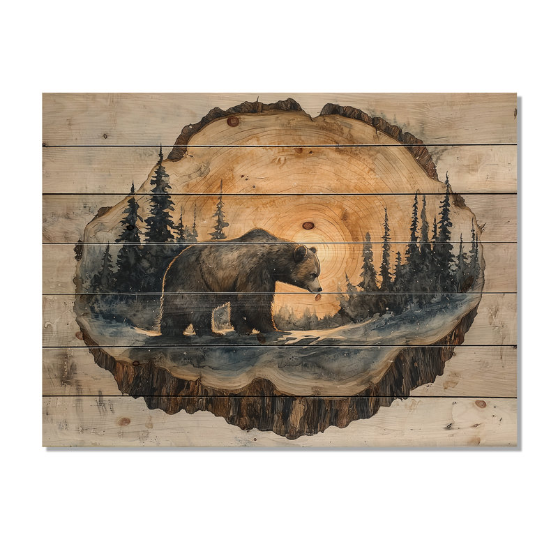 «Grizzly Bear Into The Winter Landscape I», impression sur bois d'ours - sur bois de pin naturel