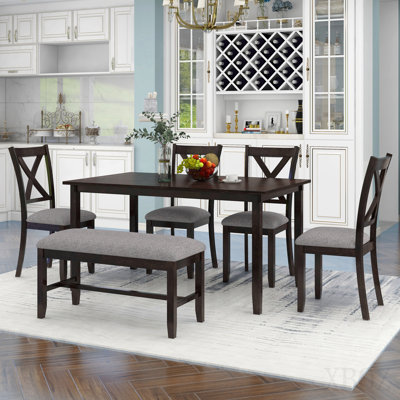 6-Piece Kitchen Dining Table Set Wooden Rectangular Dining Table, 4 Fabric Chairs And Bench Family Furniture (Espresso)