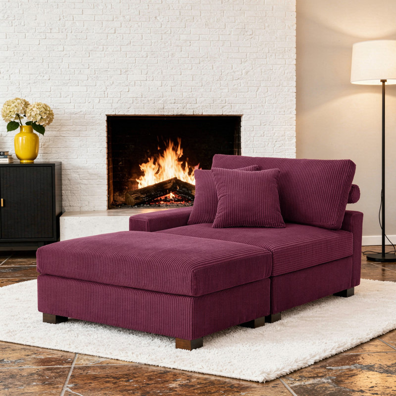 Upholstered Corduroy Modular Chaise Lounge With Armrests & Throw Pillows, Left Hand Facing, Purple