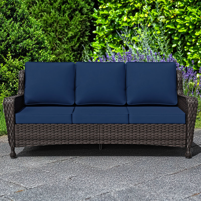 Outdoor Wicker Sofa With Cushions, Dark Blue