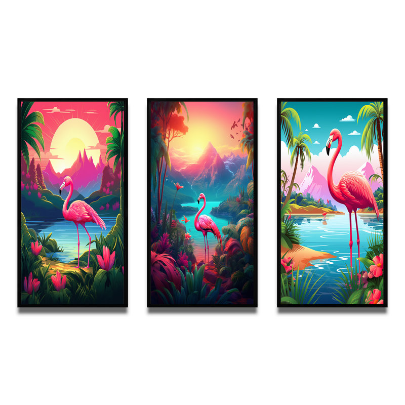 «Pink Flamingo In Tropical Landscape», 3 pièces sur toile, Cadre noir, H 28 po x l 36 po