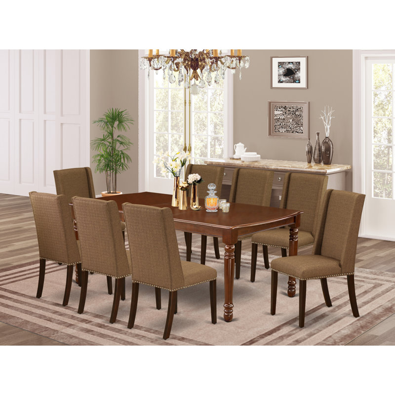 9 Piece Modern Dining Table Set Includes a Rectangle Wooden Table with Butterfly Leaf and 8 Brown Linen Fabric Parson Chairs, Mahogany