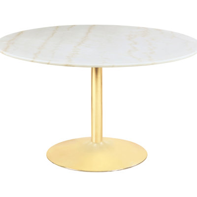 Table de salle à manger en laiton et marbre blanc pour espaces contemporains, avec un design compact de caractère organique, 30 pouces de haut, peut accueillir quatre personnes avec un piédestal, petites pièces parfaites, 50 po de dimensions, hauteur