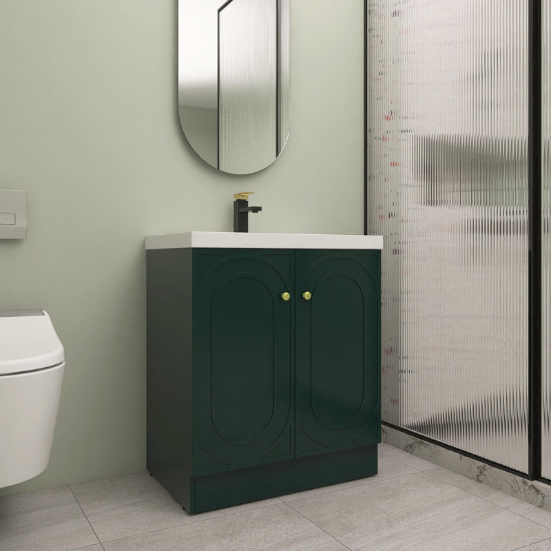 Meuble-lavabo autoportant de 30 po avec lavabo en résine blanche et 2 portes d'armoire à fermeture en douceur, Vert, Doré