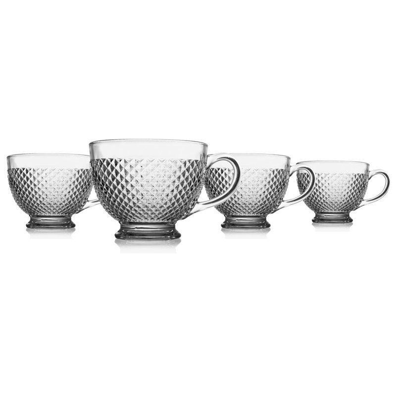 Set of 4 Silver Diamond Pattern Glass Coffee Mugs