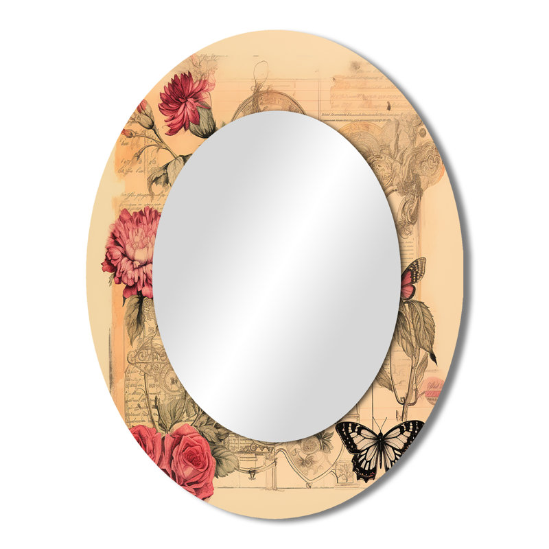 Illustration rétro d'un papillon rose romantique - Animaux, miroir décoratif ovale sur métal, 43 po x 33 po
