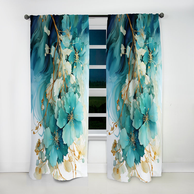 Teal Gold Abstract Fractal Mystic Mirage I - Modern Curtain - Velvet Room Darkening - 1 Panel, 52" W x 63" L