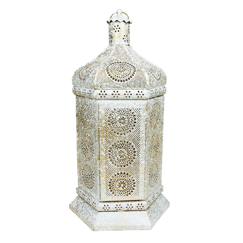 21.5" Moroccan Style Lantern Table Lamp, Distressed White/Gold