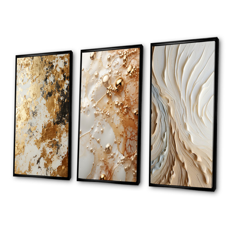 Blanc et or champagne Flow I - ensemble de 3 décorations murales champagne, Cadre flottant noir, H 32 po x l 48 po
