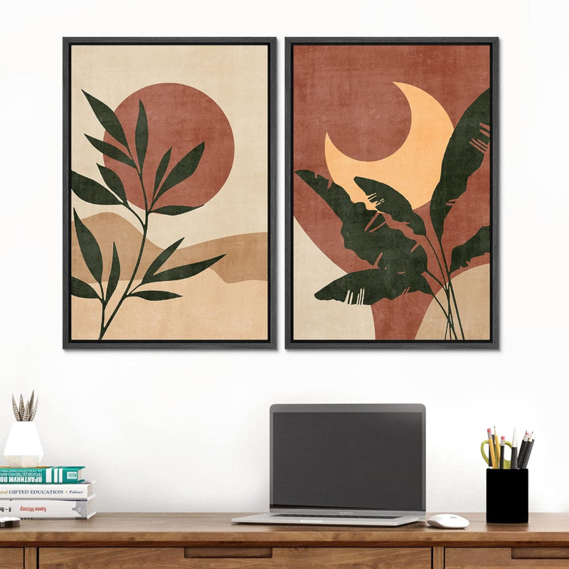 Soleil et lune, plantes désertiques de style Mid-Century, formes abstraites, art mural, art moderne nordique, 2 pièces, Noir