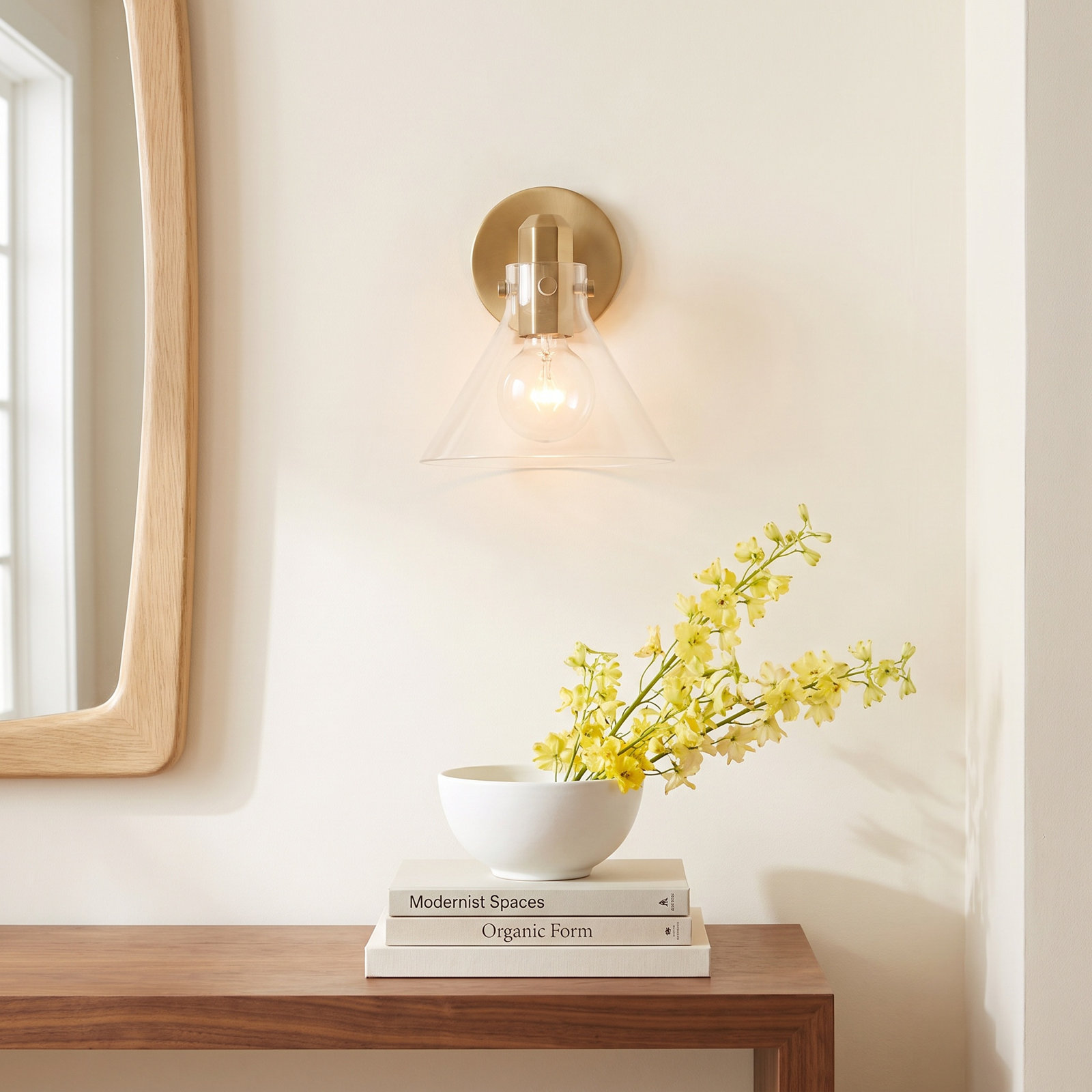 Single Light Glass Dimmable Armed Sconce, Aged Brass