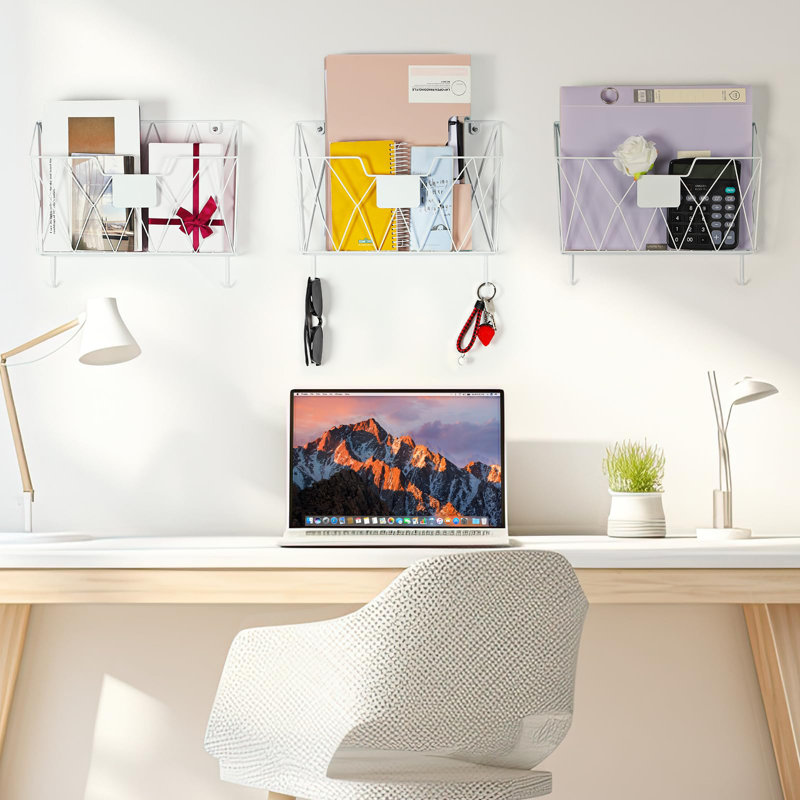 White Metal 6-Pocket Wall Mounted File Organizer with Hooks
