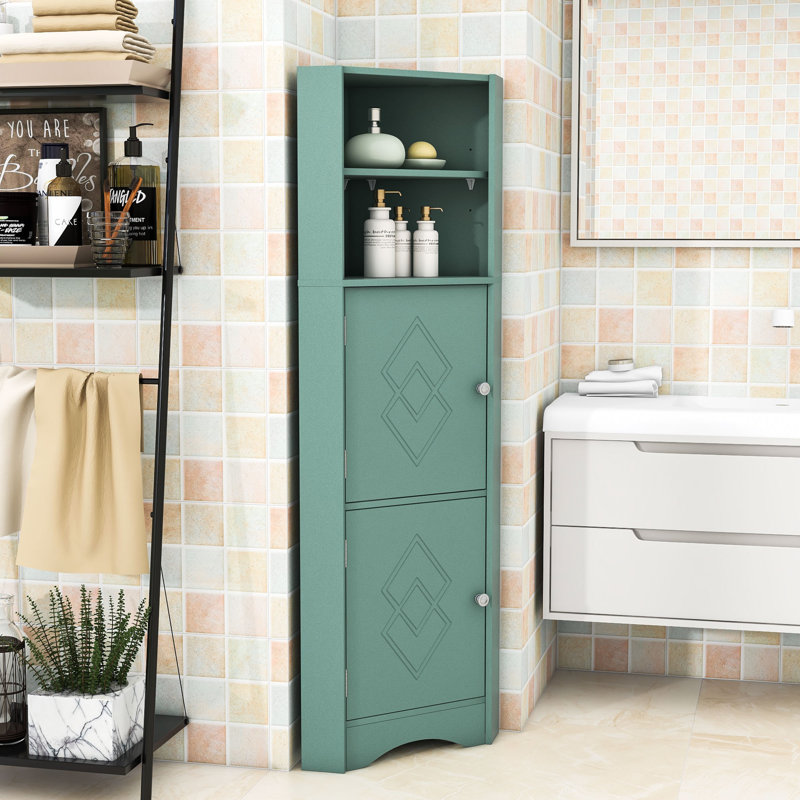 Freestanding Corner Cabinet for Bathrooms with Adjustable Shelves and Enclosed Storage, Green