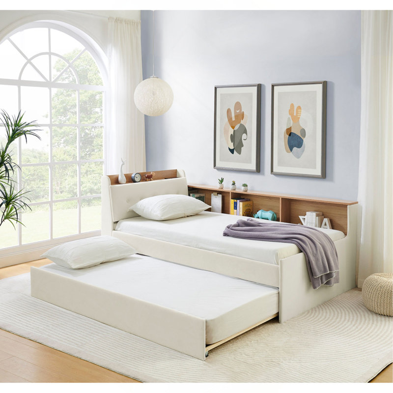 Upholstery Velvet Day Bed With Storage Headboard And Wireless Charging, Multi-Functional Daybed With Two Storage Drawers & LED Lights