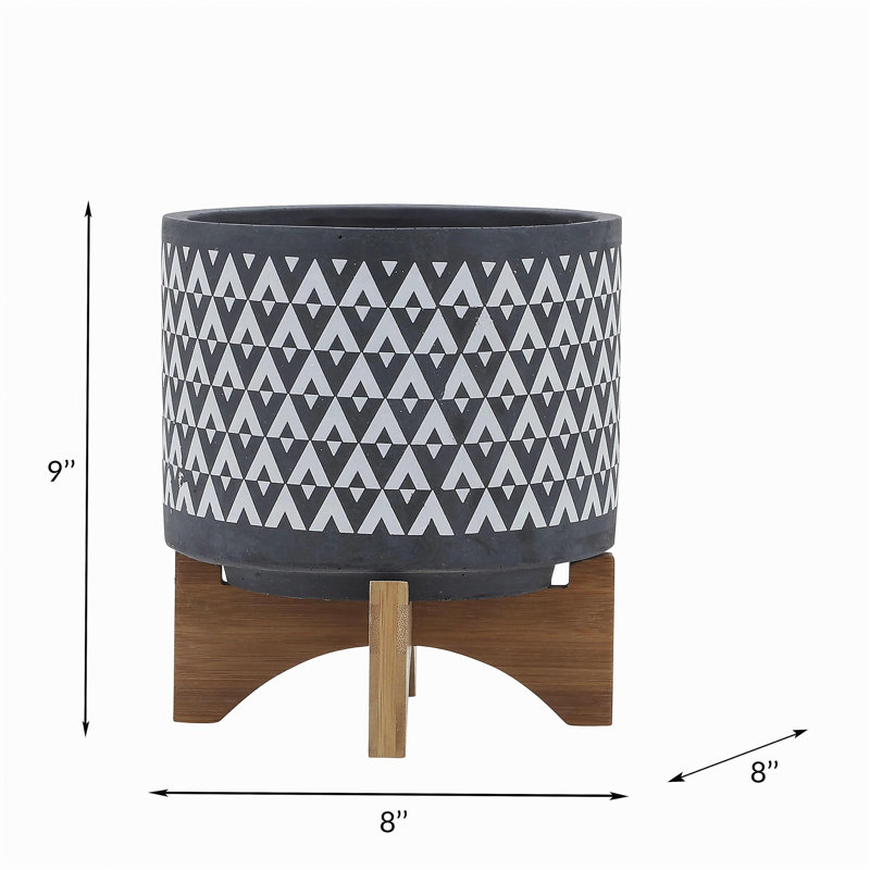 Ceramic 8" Aztec Planter on Wooden Stand, Gray, 9" H x 8" W x 8" D