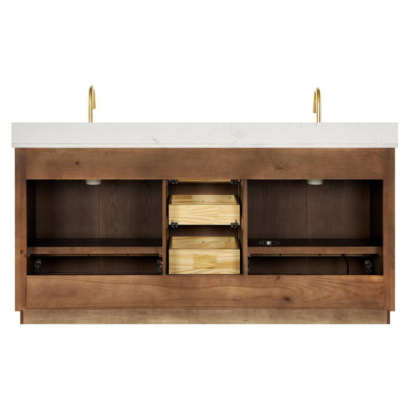 Amella 72'' Free Standing Double Bathroom Vanity with Quartz Top, Dark Brown Oak