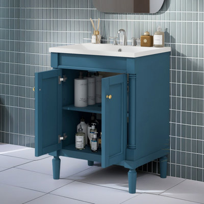 Meuble-lavabo 24 po avec lavabo supérieur, meuble de rangement moderne à 2 niveaux, meuble-lavabo simple, grandes tablettes de rangement