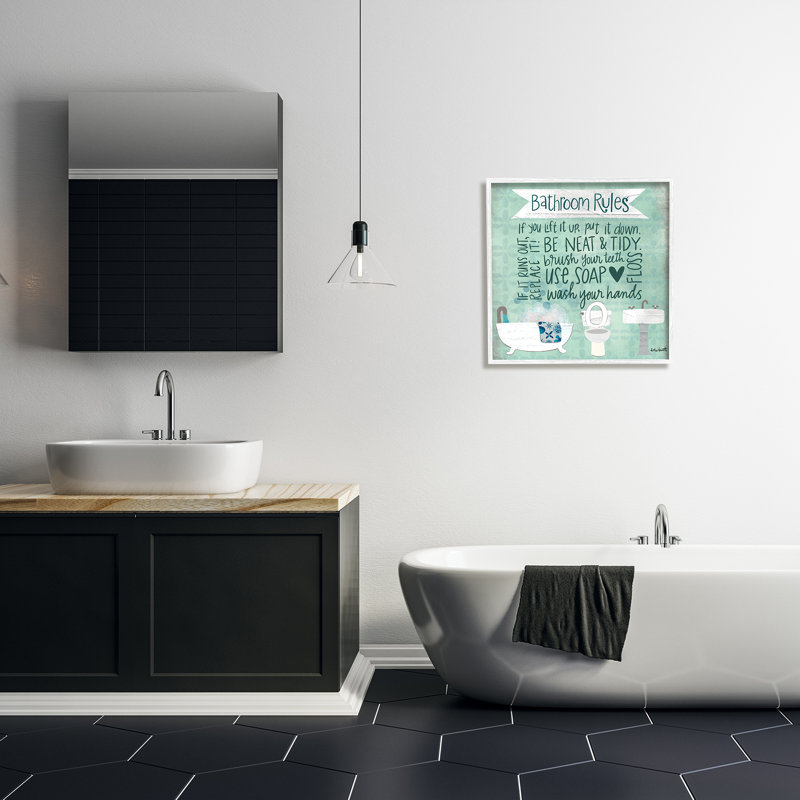 " Bathroom Rules Collage " Mixed Media Print, 24" H x 24" W x 1.5" D, Coastal White Framed Giclee