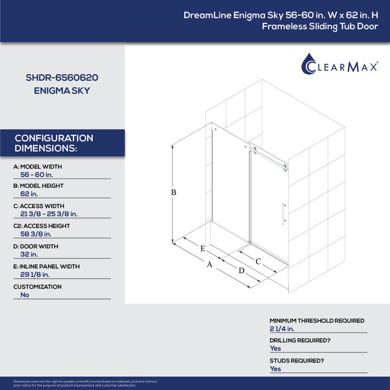 Enigma Sky 56" W x 62" H Single Sliding Semi-Frameless Shower Door with Clear Max Technology, Brushed Stainless Steel