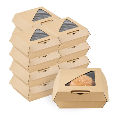 Restaurantware-Eco Tek 5.5 x 5.5 x 2.75 Inch Burger Boxes, 100 Clamshell To Go Food Boxes - Disposable, Corrugated, Kraft Paper Burger Containers, Side Vents, Clear Window