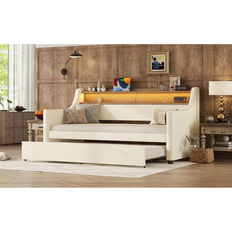 Lit de jour simple avec lit gigogne et tête de lit, tissu d'ameublement en tissu blanc, éclairage, charge et éclairage