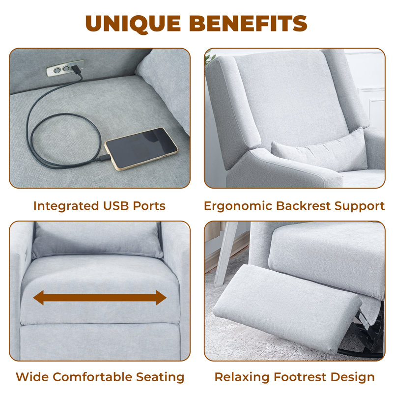 Cutlor Luxury Power Motion Recliner  Swivel Glider, Upholstered Reclining Sofa Chair with Lumbar Support, Light Grey Linen
