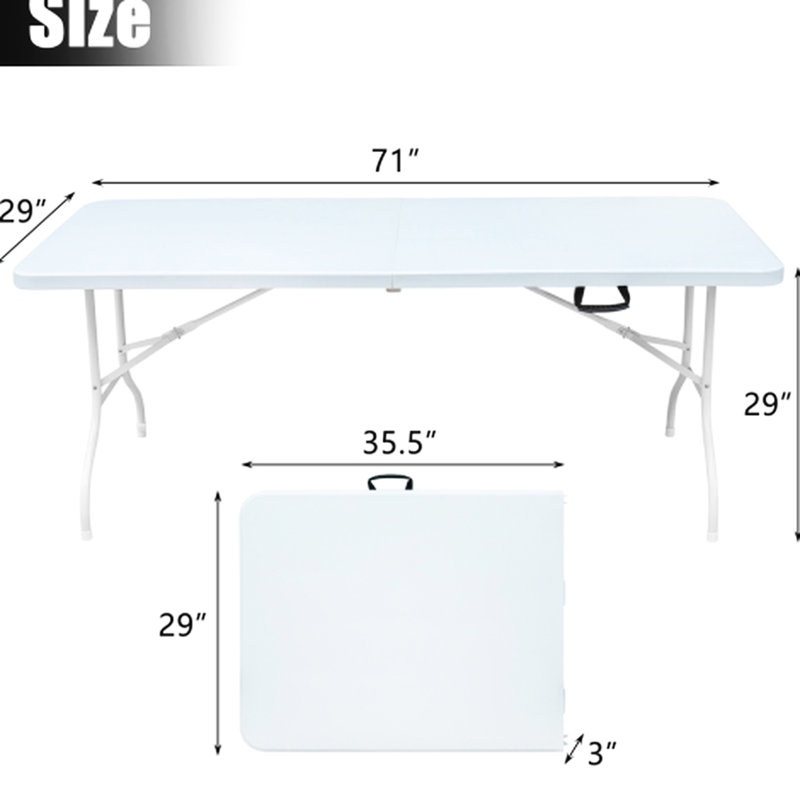 Table pliante 6 pi pour le camping, les pique-niques et les fêtes. Plastique portatif avec support de charge élevé. Plateau de table lisse et imperméable. Caractéristique de stabilité triangulaire. Trois hauteurs réglables. Léger, pliable